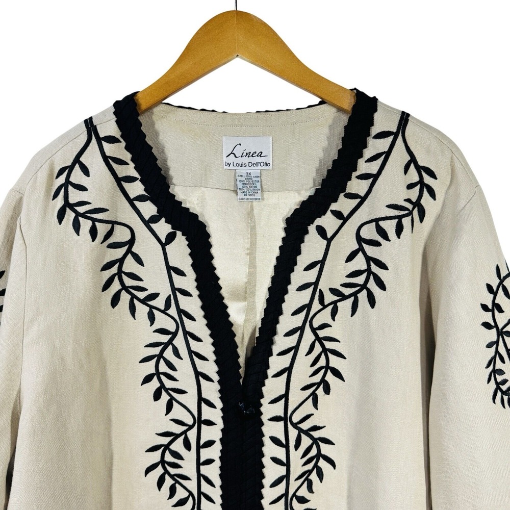 Linea Top Womens 3X Beige Black Linen Embroidered Boho Tunic Open Front Artsy - Picture 2 of 9